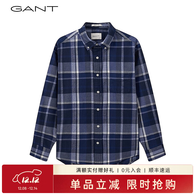 GANT【亚洲版型】甘特春季新款法兰绒格纹翻领舒适百搭复古男衬衫 410海军蓝 L