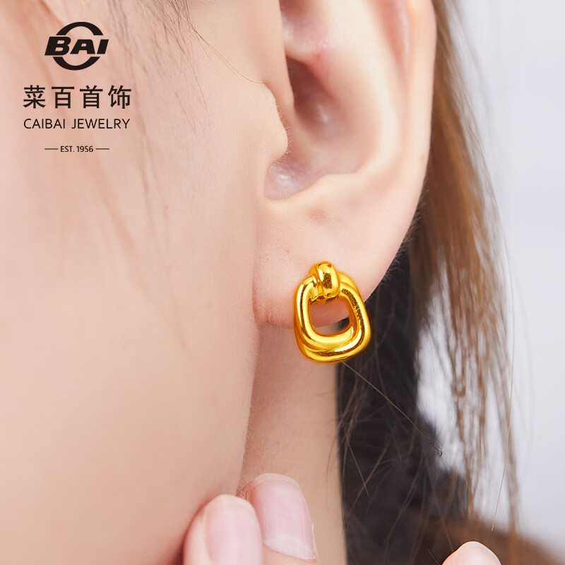 菜百首饰 黄金耳饰 足金复古轻奢5D几何方形耳钉 计价 约1.90克