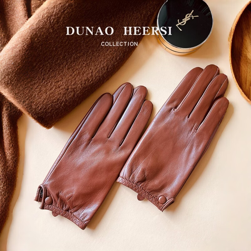 PICTURE山羊皮真皮手套女单皮薄款短款加绒保暖骑车驾驶开车冬季触屏修手 墨绿色【加绒暖里触屏】礼盒装 L