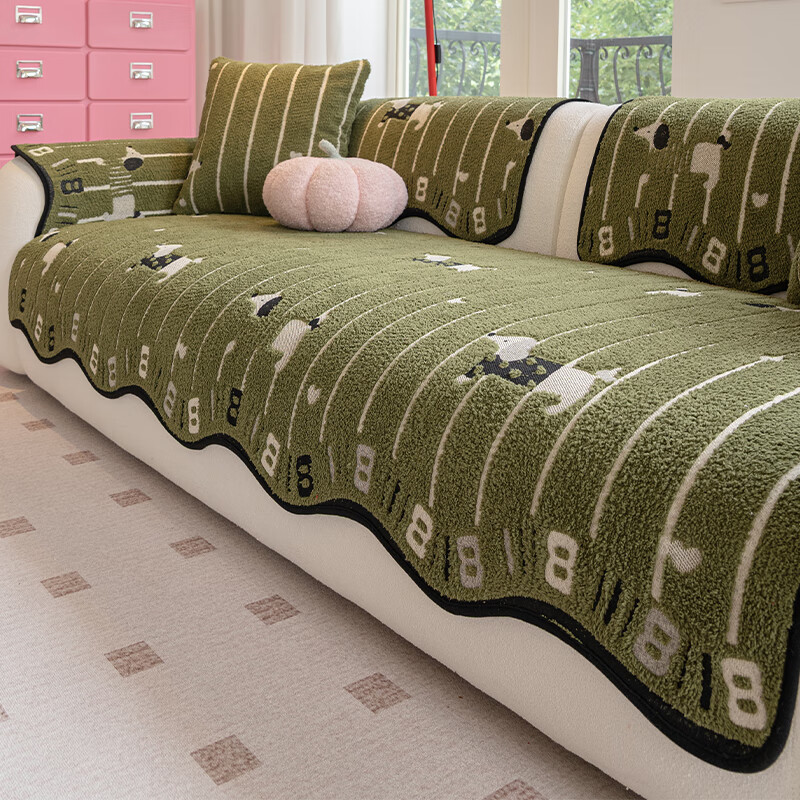 无印良品【皮沙发专用】沙发垫防滑毛绒耐磨坐垫四季通用一片式防猫抓盖布 竖条狗-绿色_固定防滑不伤皮 抱枕套定制【联系客服/测量指导/快速报价】