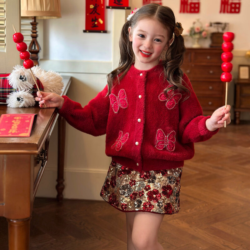 栀了成长记女童装仿水貂毛开衫上衣2025冬季儿童新年软糯休闲毛衣 红色 毛衣 100 cm