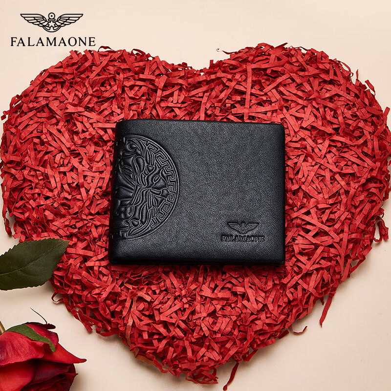 FALAMAONE短款男士钱包真皮商务头层牛皮钱夹七夕礼物送男朋友老公兄弟朋友 QB002/顺丰空运【实木礼盒】 代写贺卡打印照片联系客服