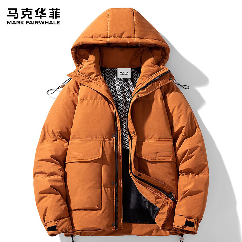 马克华菲(MARK FAIRWHALE)港式复古休闲连帽羽绒服男士2026年春季新款宽松舒适保暖潮牌上衣 浅棕色 【官方正品】 M 【建议100-130斤】