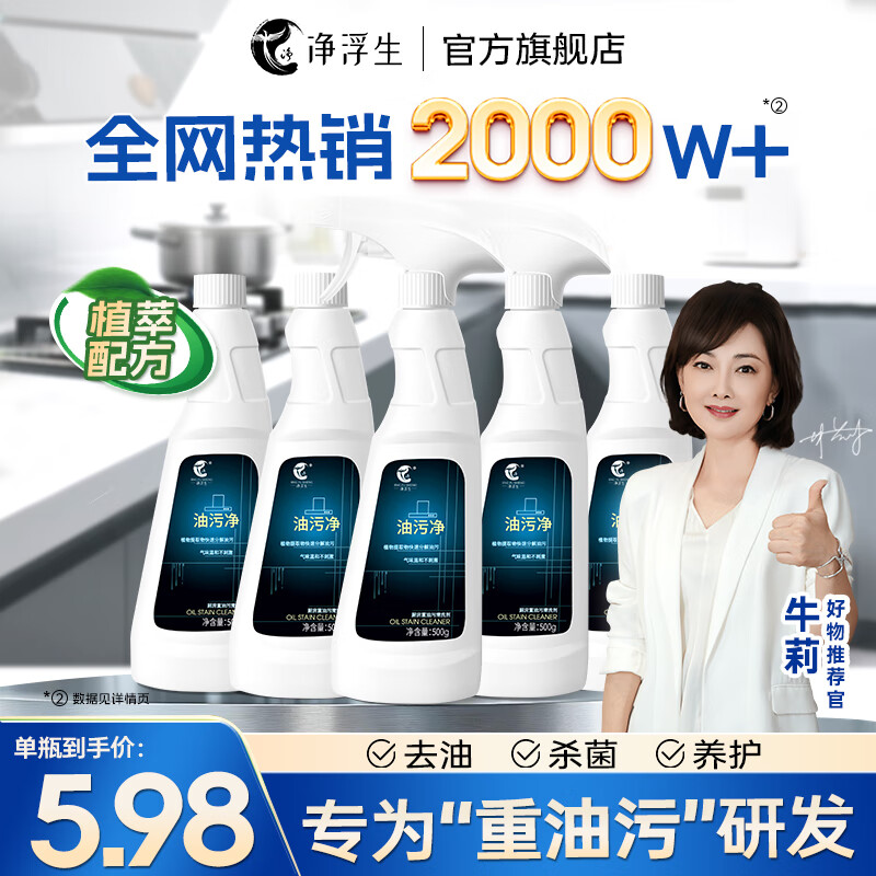 净浮生油污净5瓶装厨房抽油烟机清洁剂去重油强力清洗剂泡沫去油渍神器  油污清洁剂500ml*5瓶+2个喷头