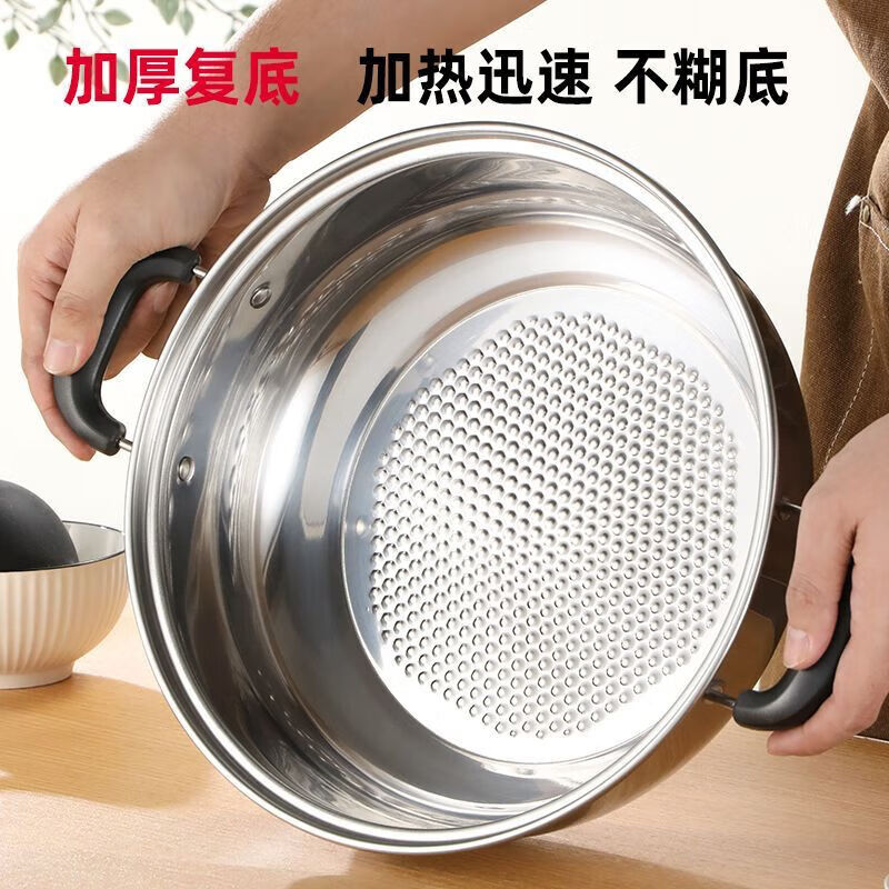 【现货直发】不锈钢加厚火锅汤锅电磁炉通用火锅盆家用煲汤燃气干 防烫柄【配玻璃盖】 32cm