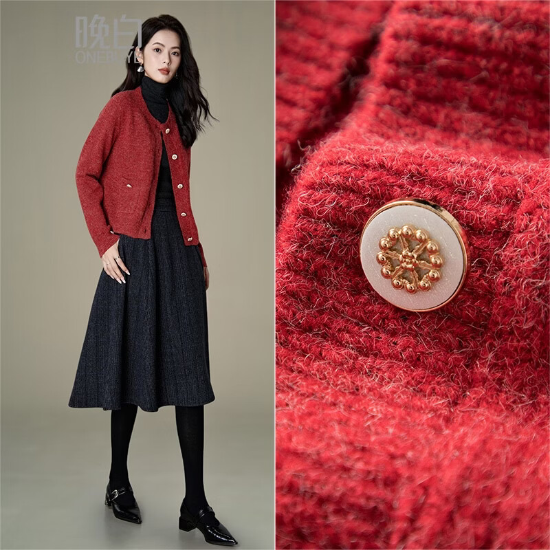 晚白【新品】2025冬款圣诞穿搭新年中国红短款小个子上衣针织开衫外套 红色 L