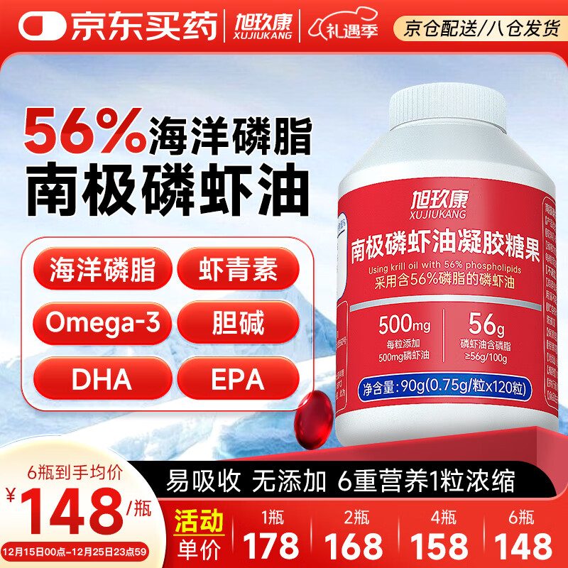 旭玖康纯南极磷虾油深海鱼油升级56%磷脂型Omega-3虾青素高纯度120粒/瓶 120粒*1瓶