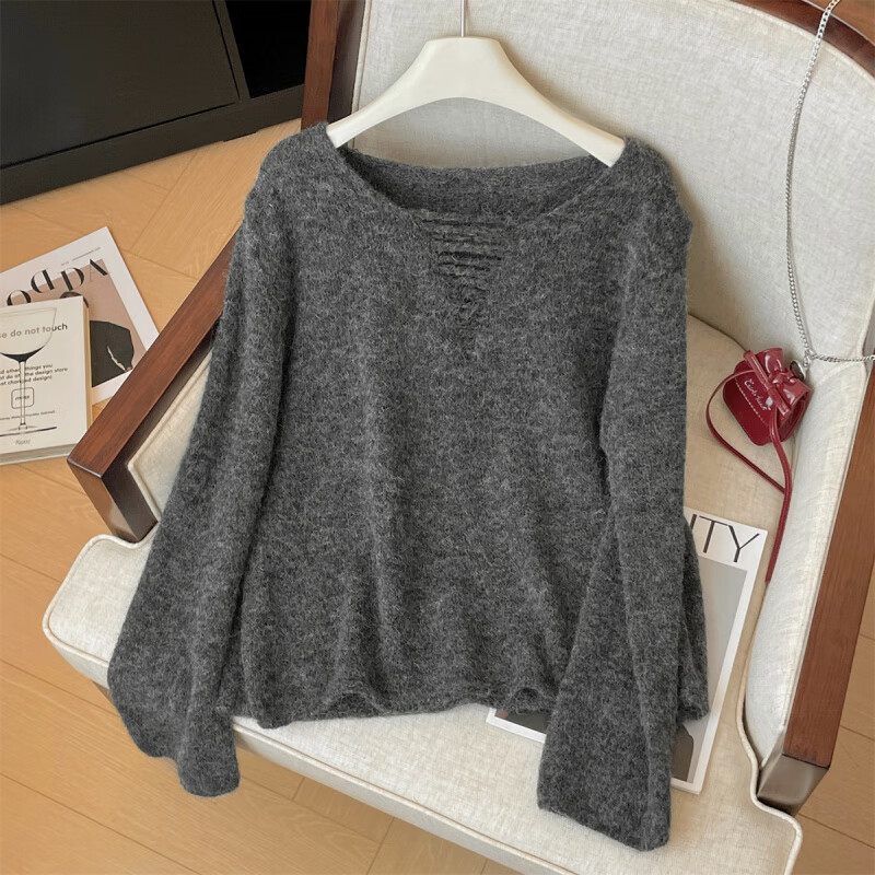 恒源祥秋冬V领打底衫女慵懒风宽松针织衫不起球不扎肉毛衣长袖内搭上衣 深灰色   【独特上衣超好看/宽松正肩别致/百搭显 S 【秋天穿搭/日系/外搭/显瘦设计感小众/气质/