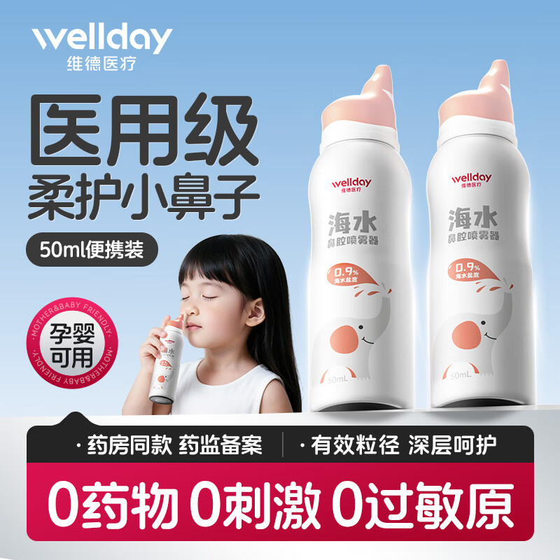 维德(WELLDAY)生理盐水洗鼻器海盐水喷鼻腔喷雾器鼻窦炎喷剂鼻塞鼻腔清洗鼻盐水 【升级柔压】等渗50ml-儿童两瓶装