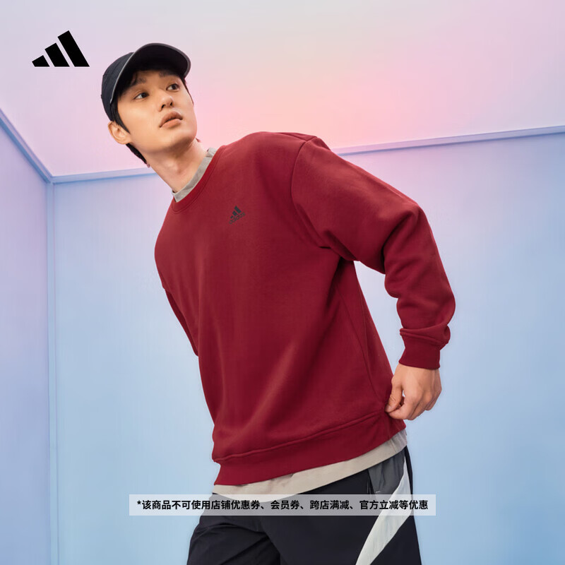 adidas情侣款宽松抓绒圆领长袖卫衣套头衫男女秋季阿迪达斯轻运动 红色/黑色   M  