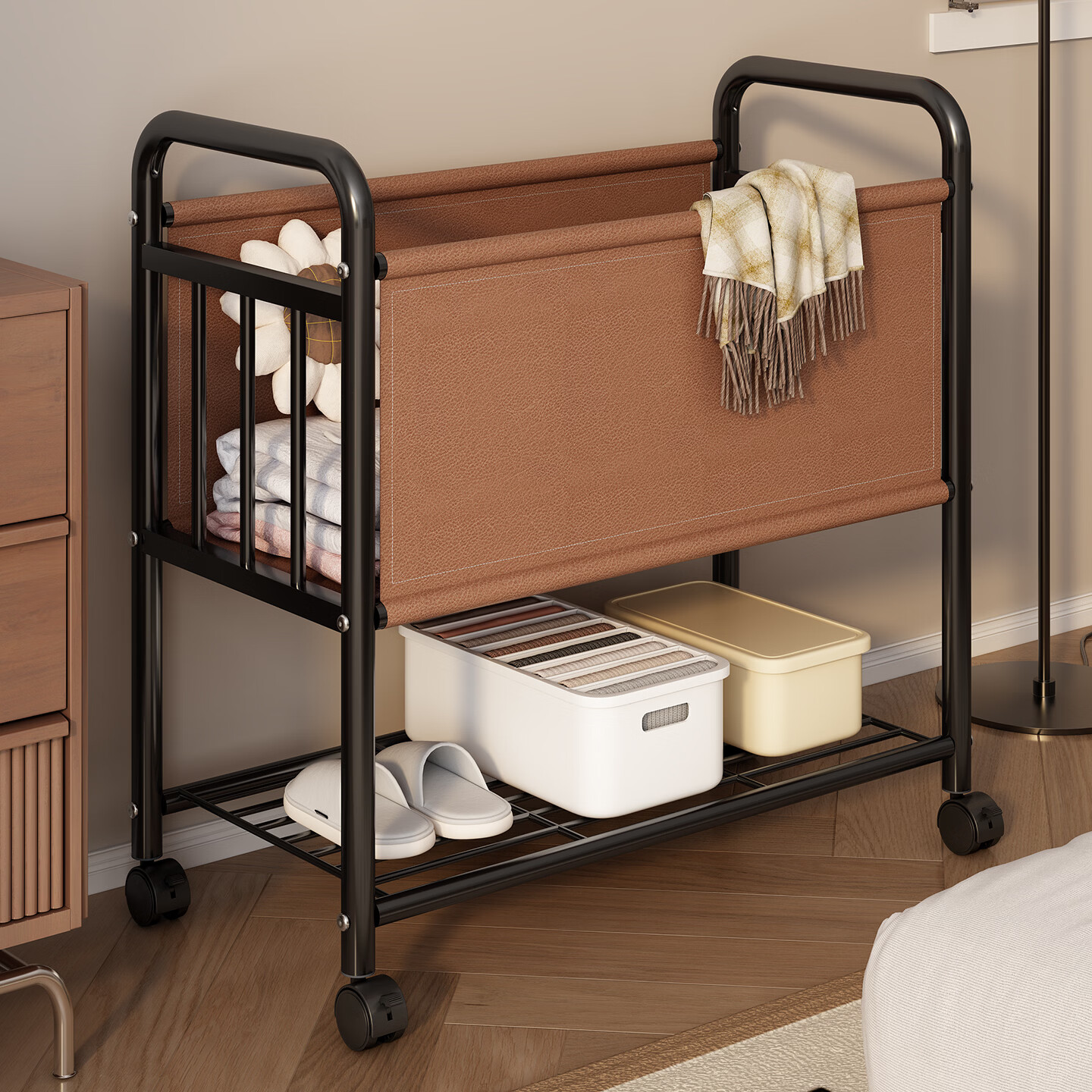 衣炫中古风脏衣篓网红脏衣篮家用洗衣篮大容量脏衣篓可移动收纳小推车 40CM【黑棕】 双层置物可移动