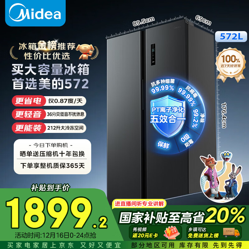 美的（Midea）572升对开门冰箱大容量一级能效双变频节能风冷无霜BCD-572WKPM(Q)以旧换新国家补贴