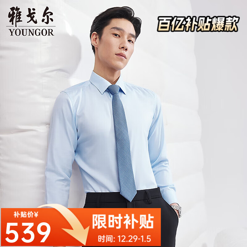 雅戈尔【200支纱+桑蚕丝+羊毛】衬衫男士新品秋冬青年长袖衬衫商务休闲 浅蓝VLTP119698IBY 38 （170/84Y）