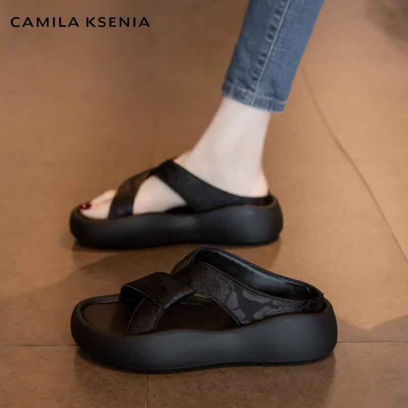 CAMILA KSENIA拖鞋2026新款休闲百搭夏季女沙滩凉鞋时尚厚底一字拖增高凉拖鞋子 奶咖色 36