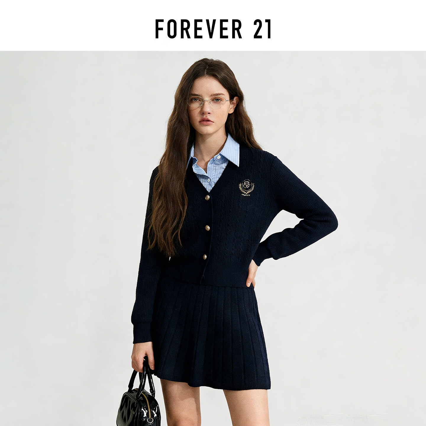 FOREVER21套装女25年秋冬新款冬学院风假两件针织百褶裙两件套 藏青色 M
