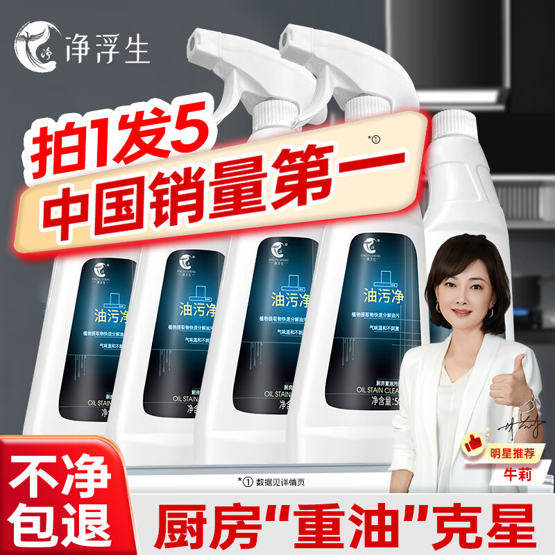 净浮生油污净5瓶装厨房抽油烟机清洁剂去重油强力清洗剂泡沫去油渍神器  油污清洁剂500ml*5瓶+2个喷头