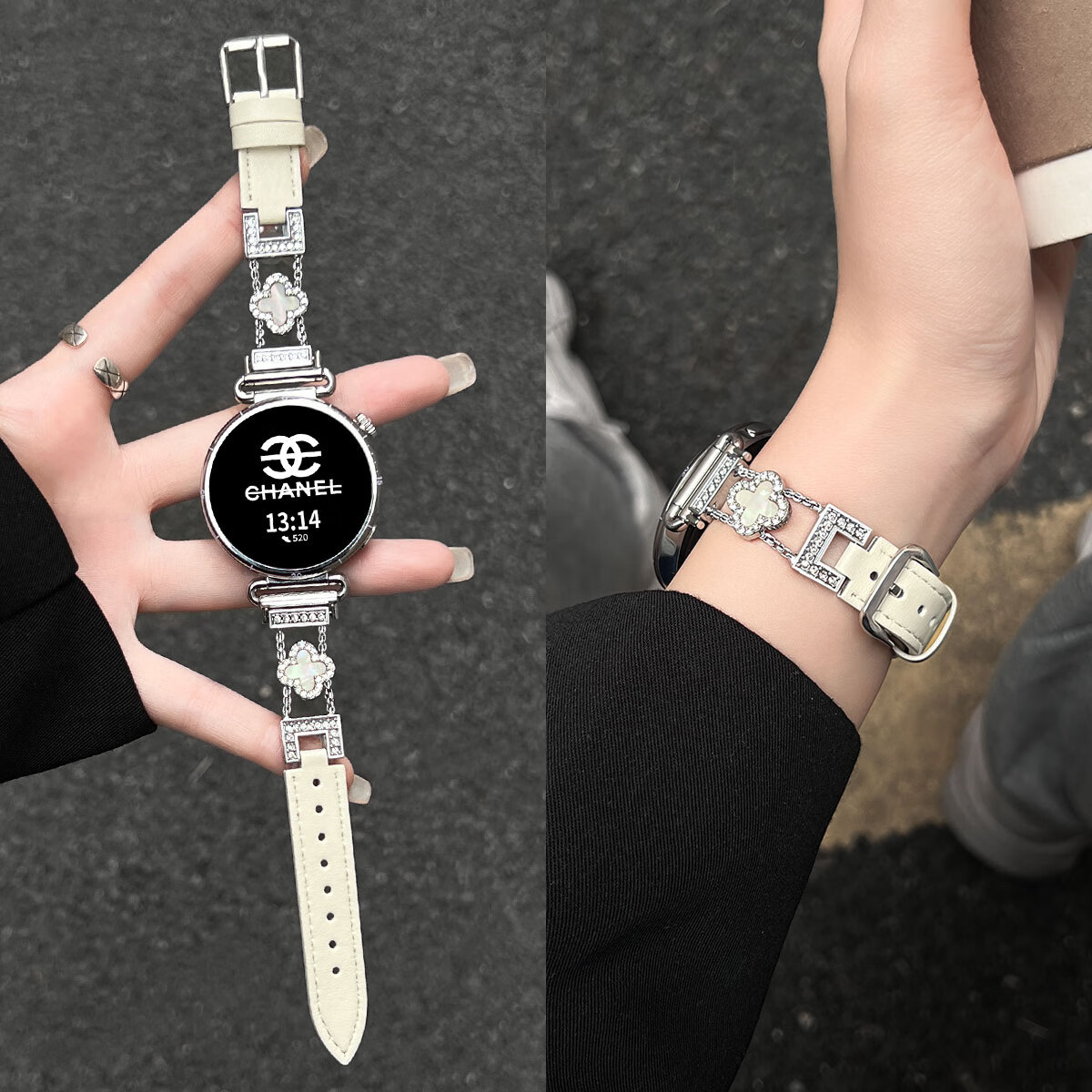 学长家适用华为watch gt6表带新款真皮watchgt5智能运动表链watch4女表四叶草3pro手表带夏天2高级感女士 四叶草间皮-米白色 适用：华为GT6/GT5/GT4【表盘41mm】