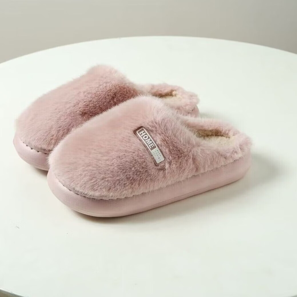 云醍桃语加绒保暖防滑棉拖鞋冬季居家室内可爱款毛毛拖男女情侣静音时尚 粉色 38-39