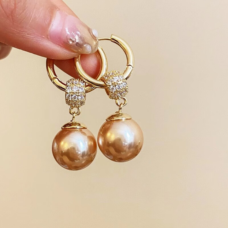 小众设计感镶钻香槟色珍珠耳环轻奢高级感精致百搭耳扣气质耳饰女 香槟色珍珠耳环【礼盒装】