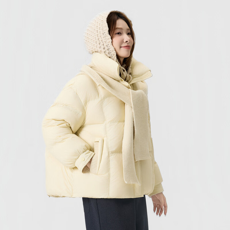 快鱼2025冬季新款针织拼接连帽羽绒服时尚保暖宽松外套女士羽绒衣 淡黄 L