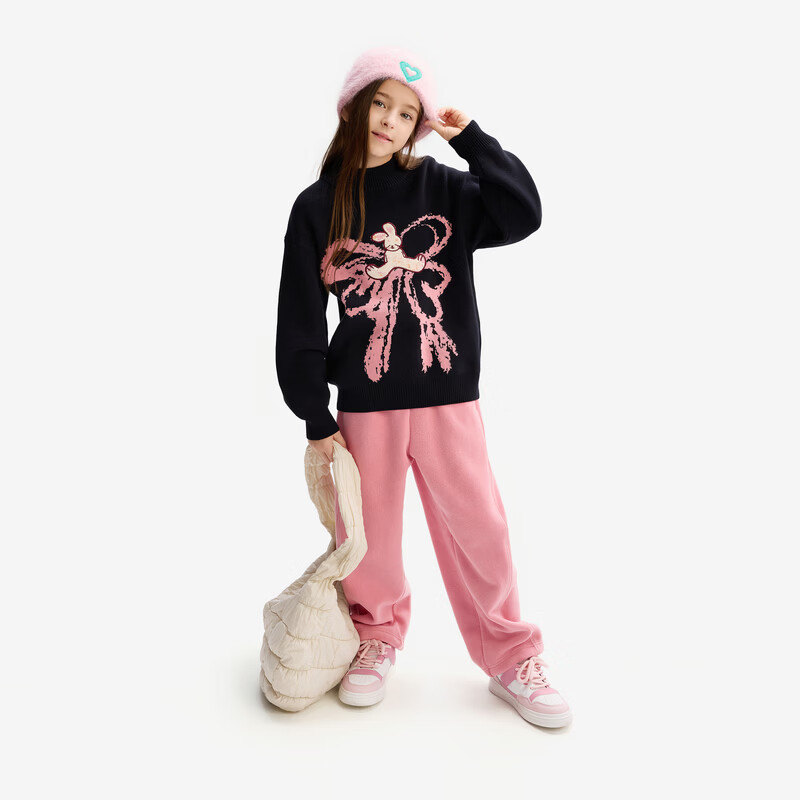 MQD女大童加绒运动裤深粉