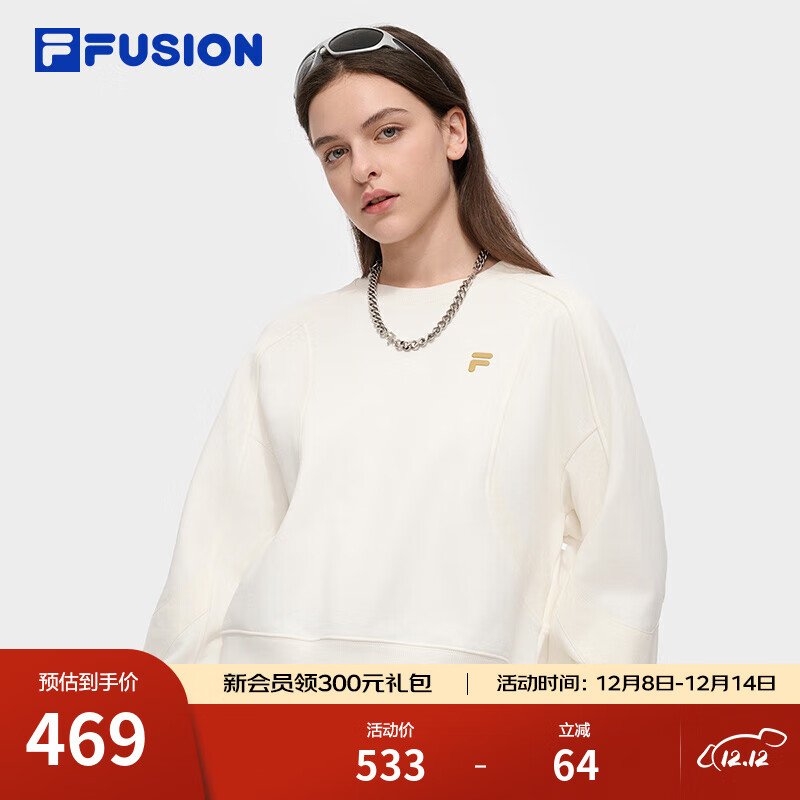 FILA FUSION斐乐潮牌女子套头卫衣2025春季新款宽松纯棉针织上衣
 云白色-WT S 160/80A
