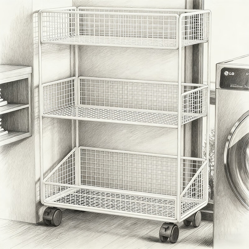 尔思家卫生间置物架多功能洗漱台夹缝免安装浴室落地毛巾架洗衣液收纳架 白色三层中号【移动款】