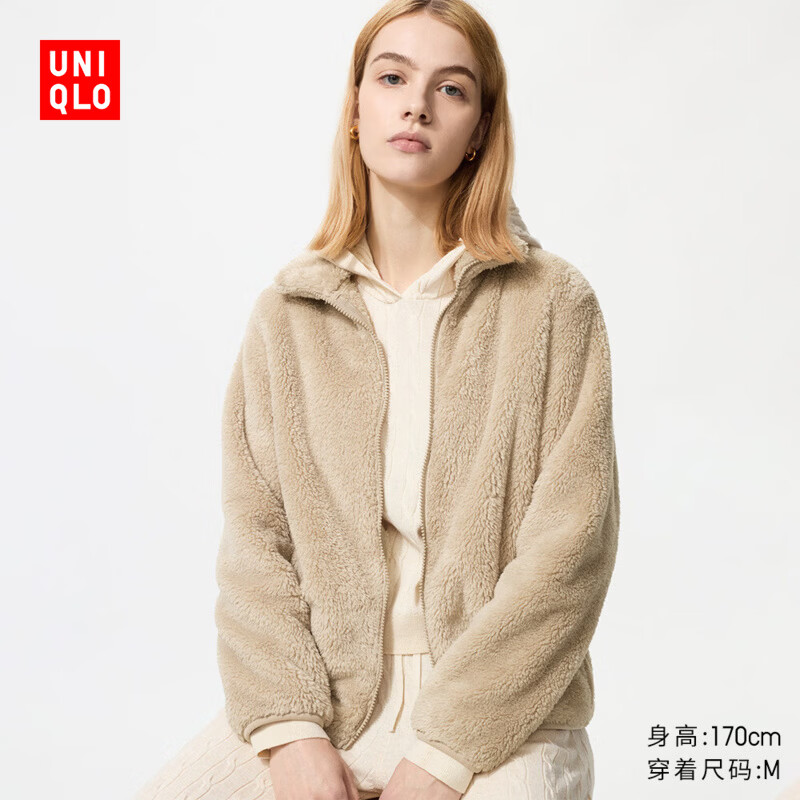 优衣库女装男装长绒摇粒绒拉链茄克/长袖外套夹克479611 30 浅米色 2XL