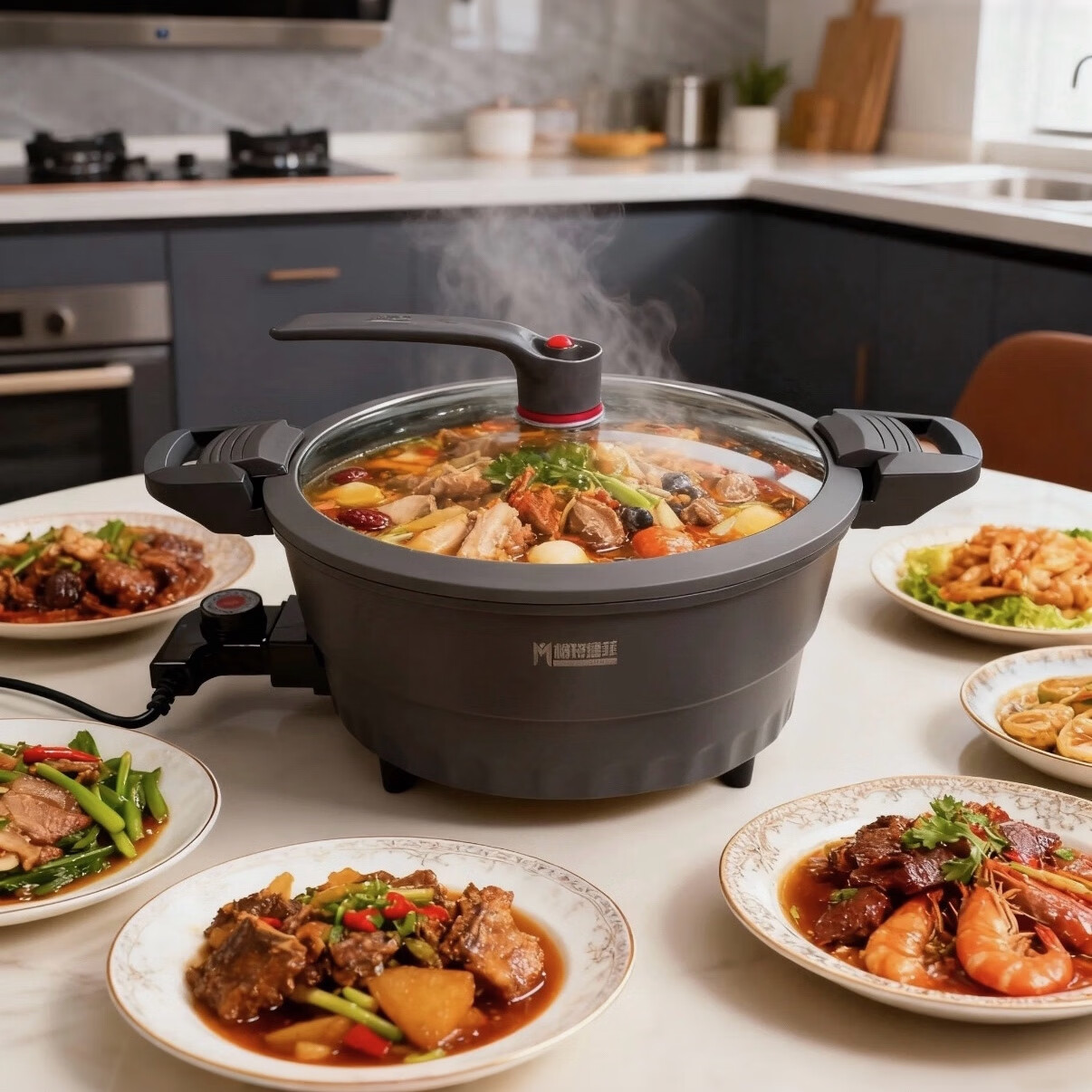 梅特德菲无涂层纯钛锅不粘锅平底锅电子锅微压锅插电炒锅蒸锅炖煮涮火锅烤肉多功能锅烙饼炒宿舍家用菜电锅 30厘米6升容量（礼品全送）