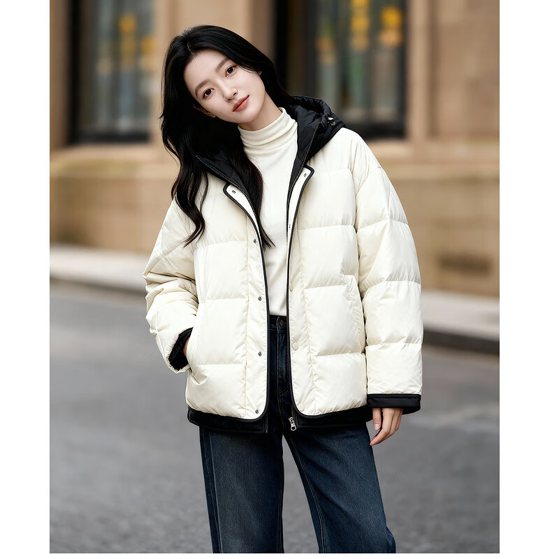 百家好（Basic House）Basic House/百家好连帽短款羽绒服女冬季2025冬季新款休闲风外套 米白色 M