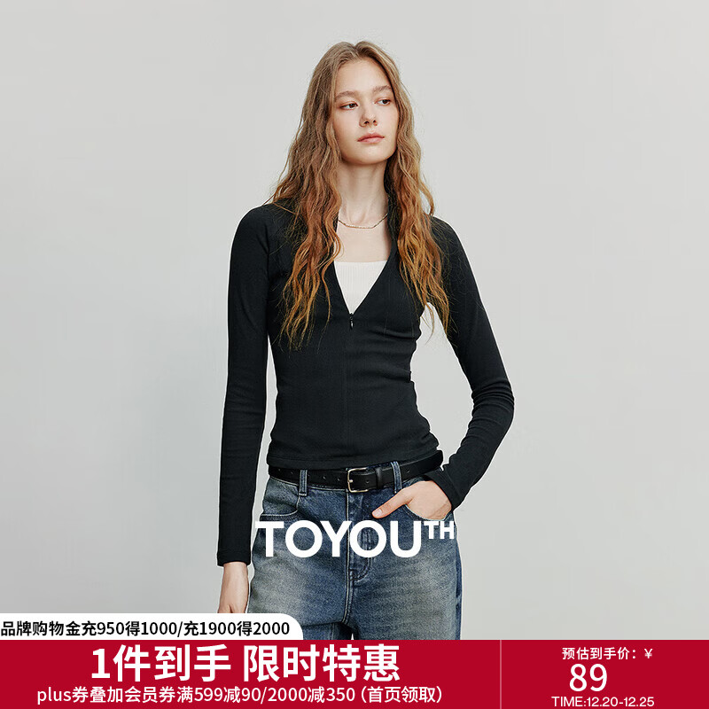 初语T恤女2025秋季新款远红外发热拉链半高领修身紧身复古上衣 黑色 M