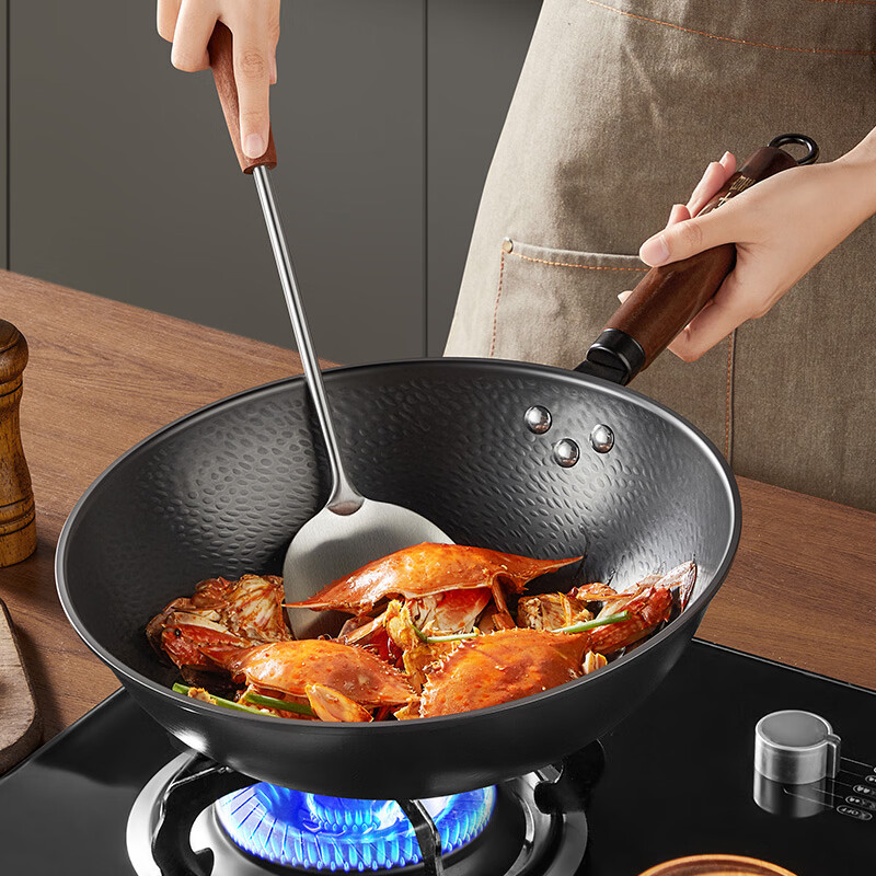 炊大皇锤纹铁锅炒菜锅家用老式熟铁锅燃气灶用无涂层炒锅免开锅 无涂层 锤纹老铁锅三件套