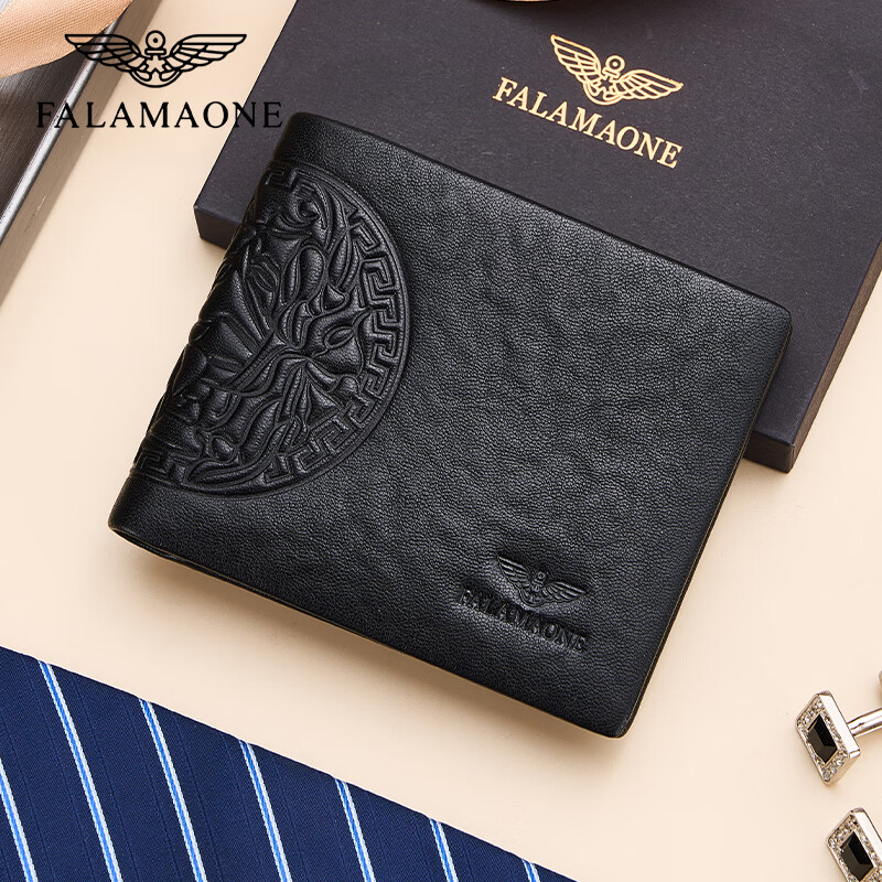 FALAMAONE短款男士钱包真皮商务头层牛皮钱夹七夕礼物送男朋友老公兄弟朋友 QB002/顺丰空运【实木礼盒】 代写贺卡打印照片联系客服