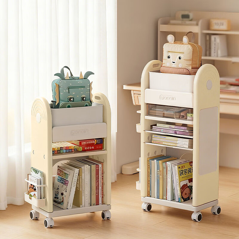 躬亲书包置物架书包架儿童书架绘本架可移动小推车落地蘑力巴士收纳架 书包置物架【米色】5层 41.7*25*93.8cm