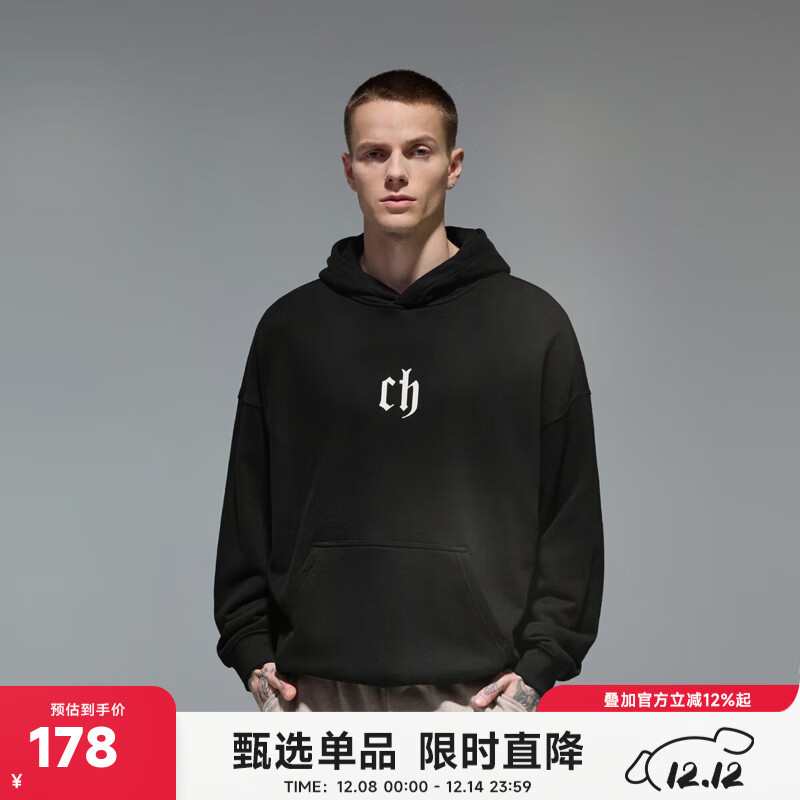CHINISM CH赤尘时尚简约logo印花连帽卫衣男士春秋款休闲情侣帽衫上衣 黑色 （偏宽松，建议拍小一码） L