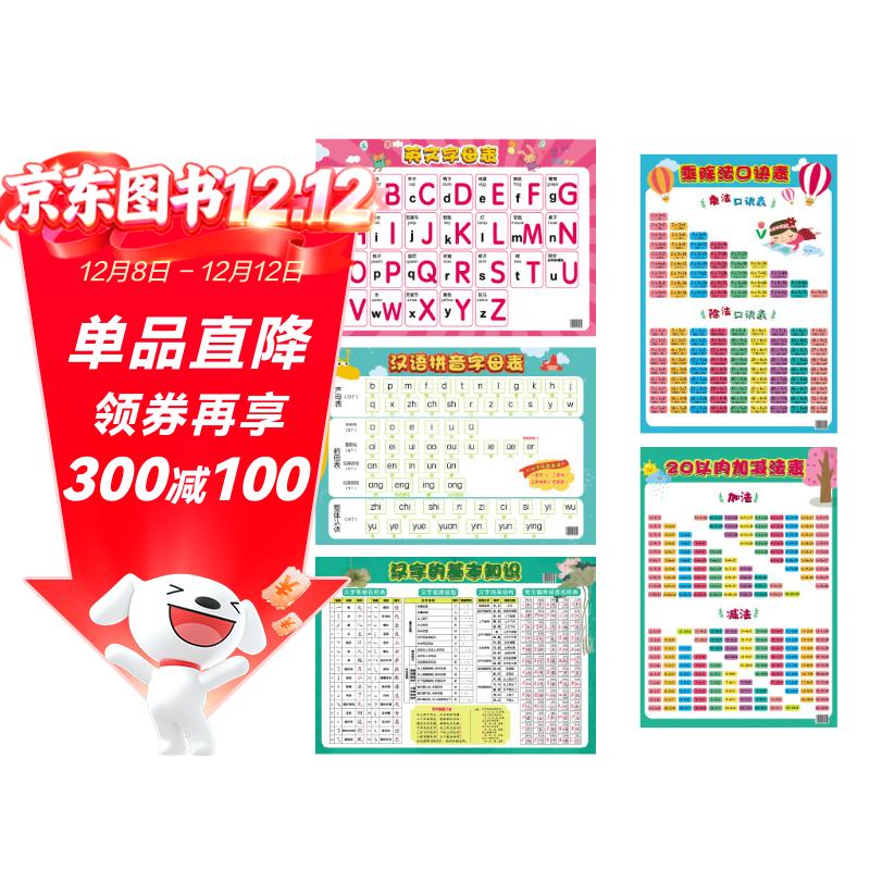 乘法口诀+20以内加减法表+汉语拼音字母表+汉字的基本知识+英文字母表全套5张 儿童科普百科知识挂图