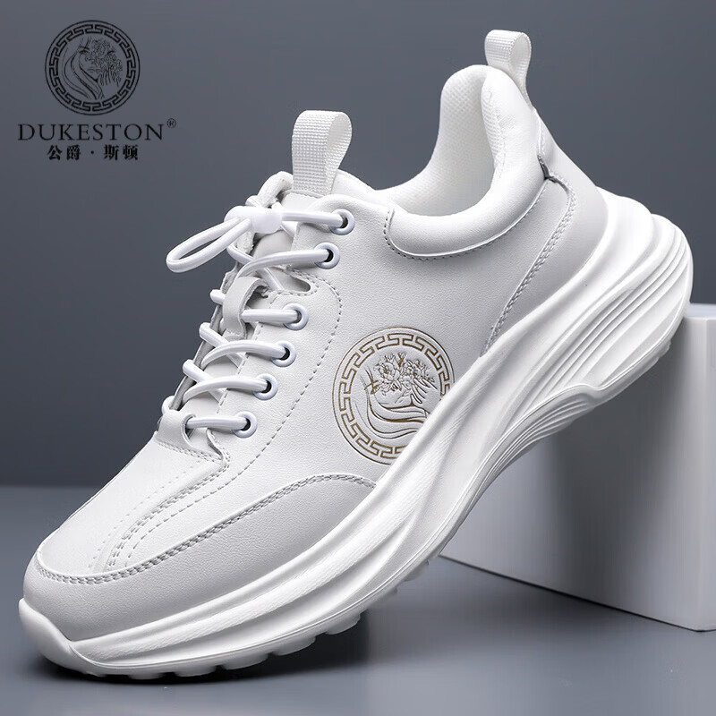 公爵斯顿 DUKESTON轻奢男鞋牛皮高品质小白鞋运动休闲鞋舒适套脚跑步鞋 白色 41 标准皮鞋尺码