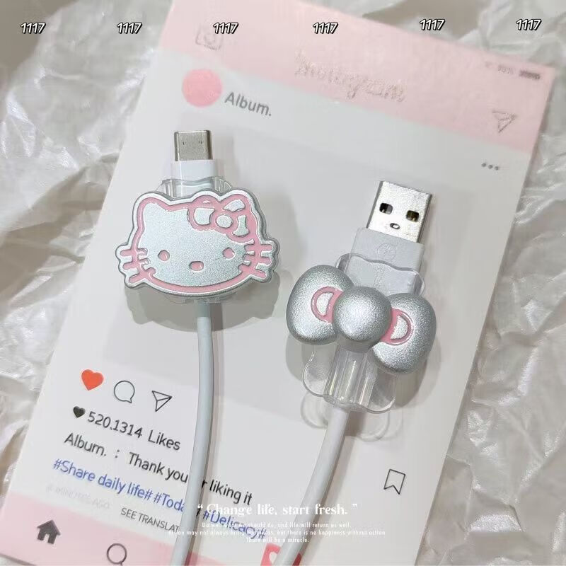 趣器具【数据线保护套】适用于苹果小米华为vivo全包保护套可爱kitty猫 粉色kitty+粉色蝴蝶结 安卓USB+Typec专用【限买手机配的线】