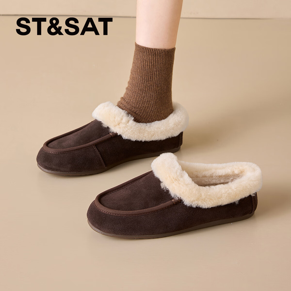 星期六加绒半包勃肯鞋女2025冬季新款一脚蹬平底棉拖鞋加厚保暖勃肯半拖 咖啡色 【牛剖层皮革】+【上口羊毛】 40