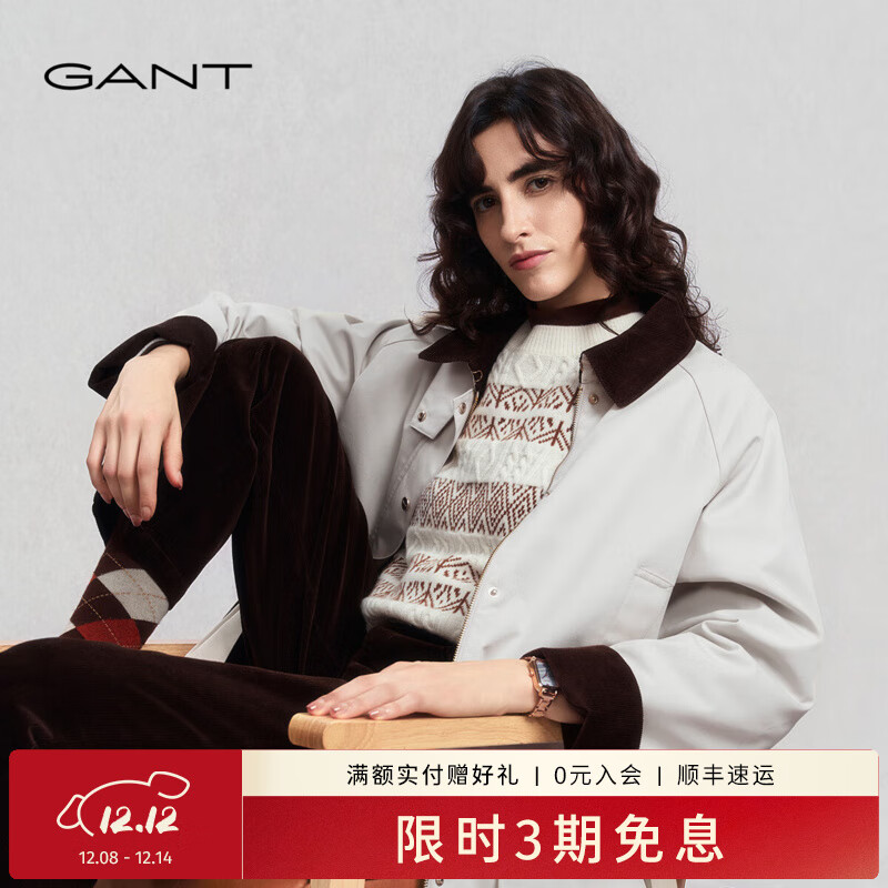 GANT【巴恩风棉服】GANT/甘特25秋冬新款撞色翻领宽松复古休闲女外套 107-米白色 M