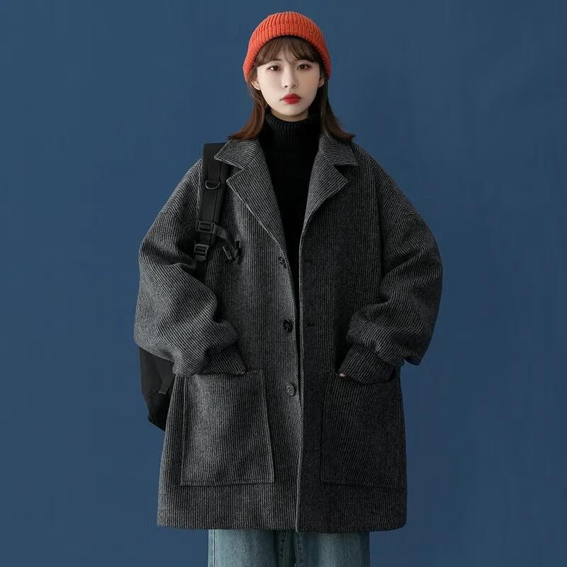 款毛呢大衣加厚款特300斤赫本风外套宽松秋冬季中加棉呢子 炭黑色薄款