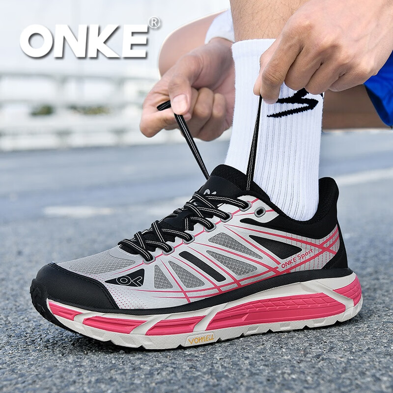 ONKE跑步鞋女春季新款轻便透气防滑减震男女鞋厚底增高耐磨运动跑步鞋 勃垦第红 38