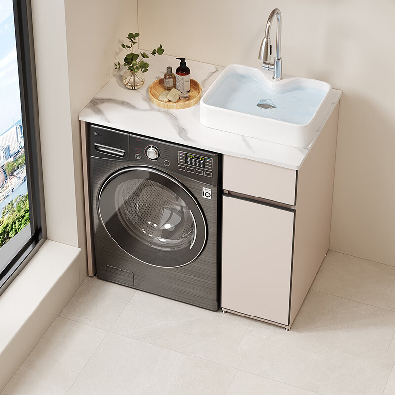 佳恋雅（JIALIANYA）阳台洗衣柜岩板陶瓷一体台上盆滚筒洗衣机伴侣组合定制收纳置物柜 90右-岩板陶瓷台上盆