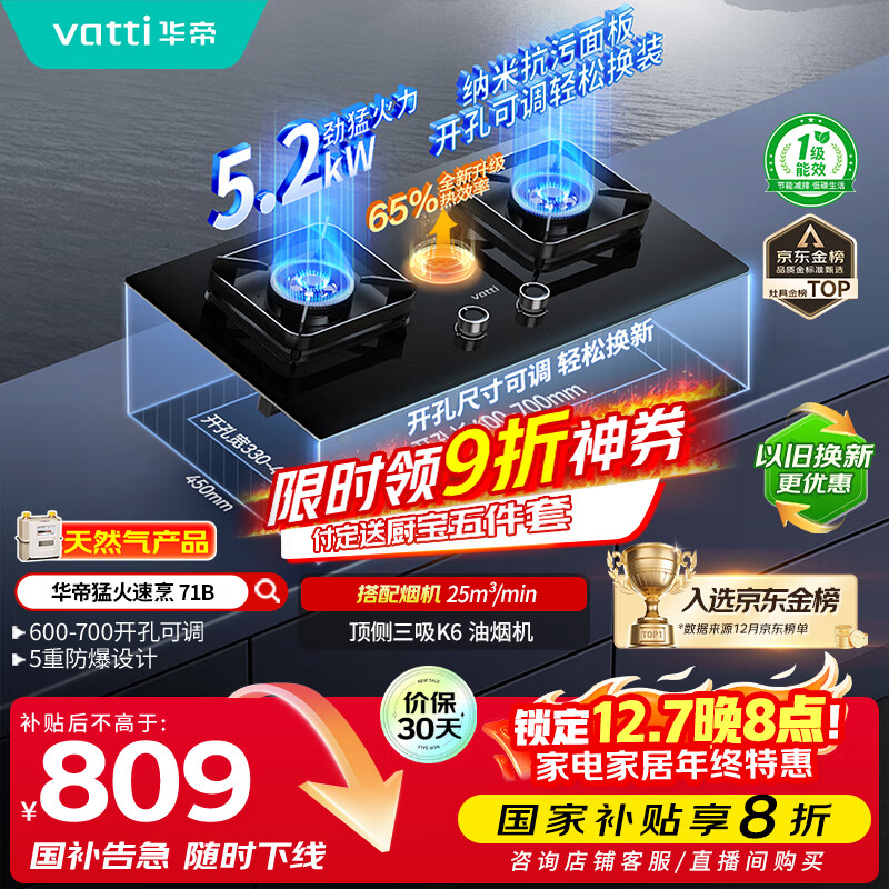华帝（VATTI）国家补贴20%燃气灶天然气灶嵌入式台式一级能效5.2kW猛火煤气炉双灶台灶具i10071B【天然气产品