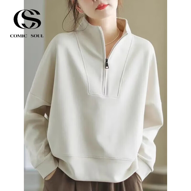 COMIC SOUL立领半拉链卫衣女士春秋款洋气外穿长袖套头休闲上衣宽松大码女装 安可拉红 拉链立领 2XL 【136-148斤】