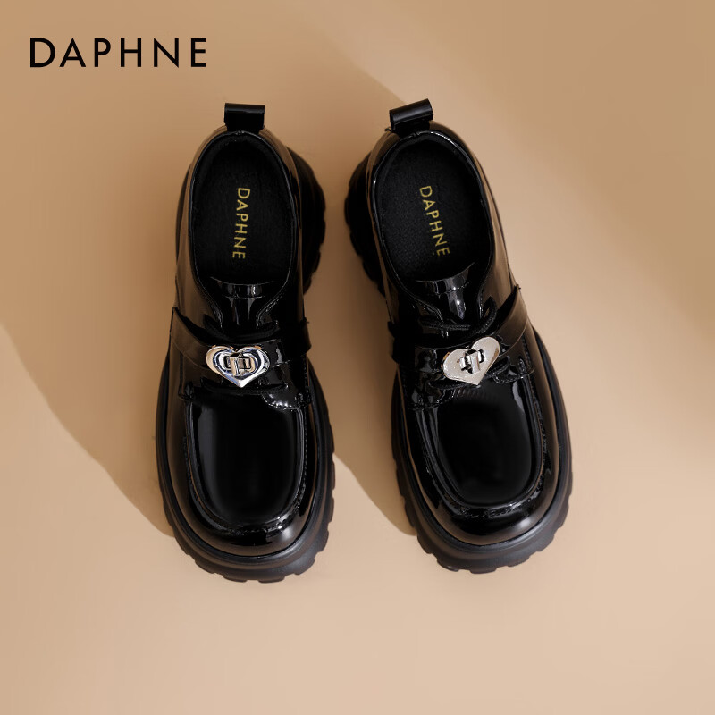 达芙妮官方厚底乐福鞋女2025新款秋季百搭增高女鞋小个子英伦风小皮鞋ZJ 黑色【爱心锁】跟高6cm 40