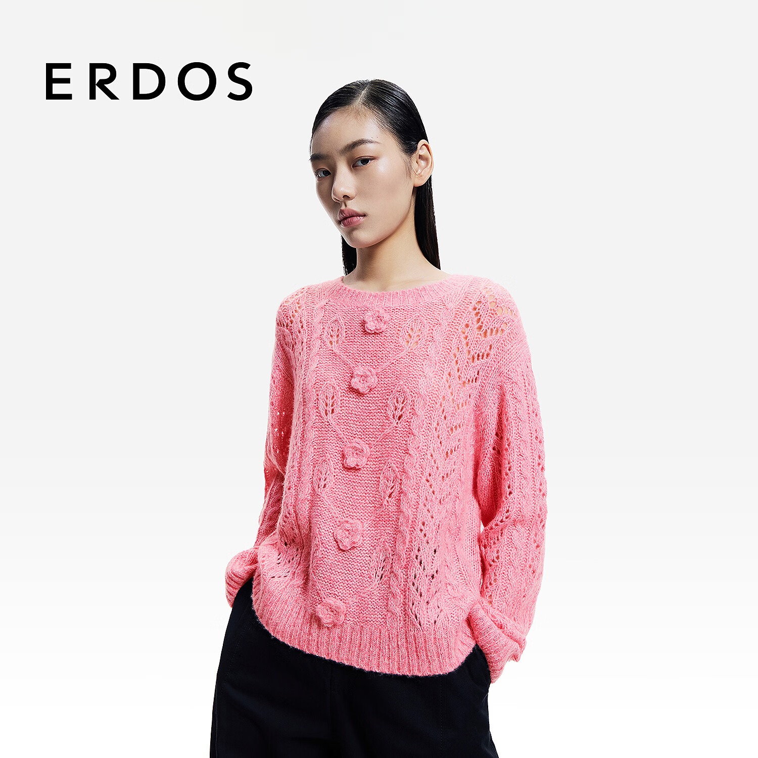 ERDOS 26早春圆领翻花手工立体花朵宽松镂空女套衫羊绒衫 夏日玫瑰粉 L 170/88A