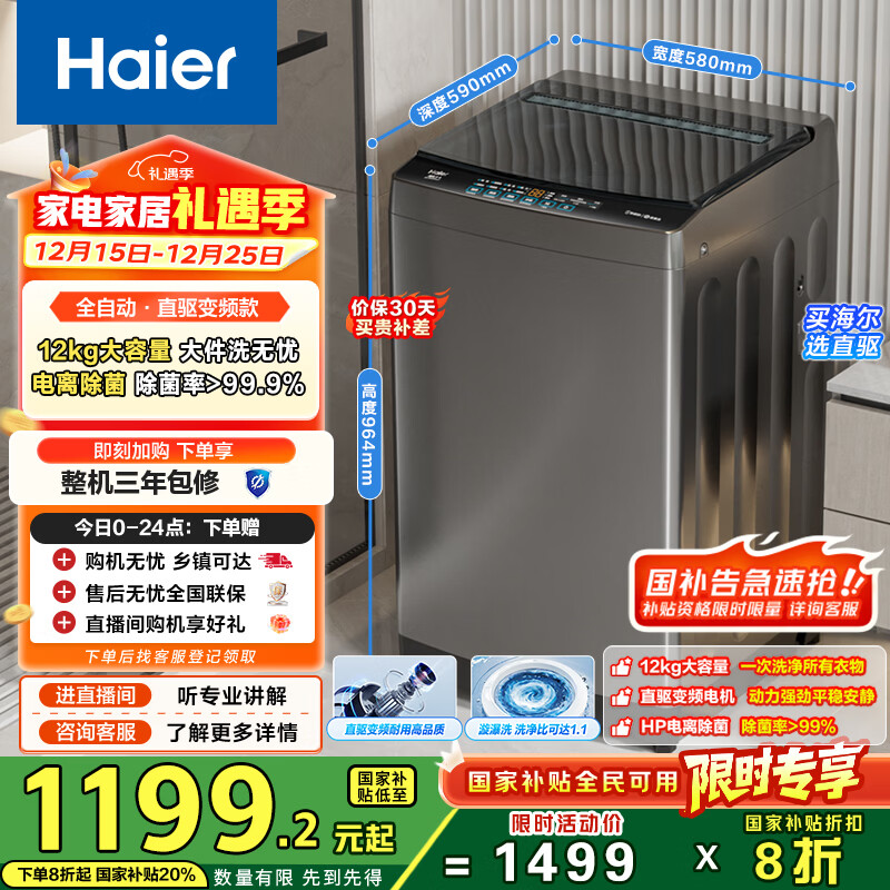 海尔（Haier）波轮洗衣机全自动12KG大容量京东自营家电国家补贴以旧换新直驱变频一级能效出租房EB120B53Mate1