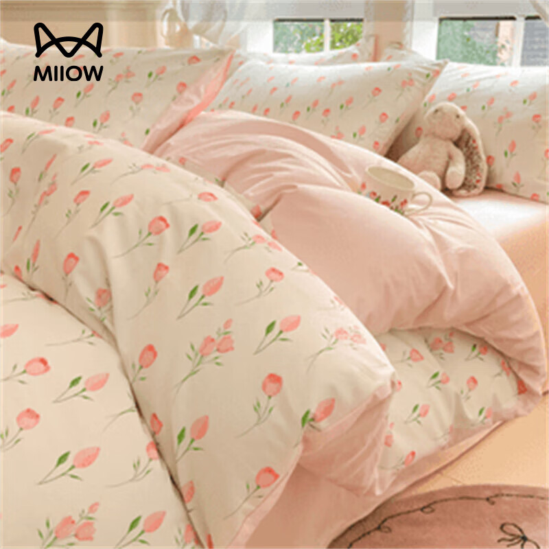 猫人（MiiOW）床上用品四件套全棉100纯棉2025新款被套单人学生宿舍床单三件套 粉色花花【100%新疆全棉 适合裸睡】 床单款 0.9/1.2m三件套适合150x200cm