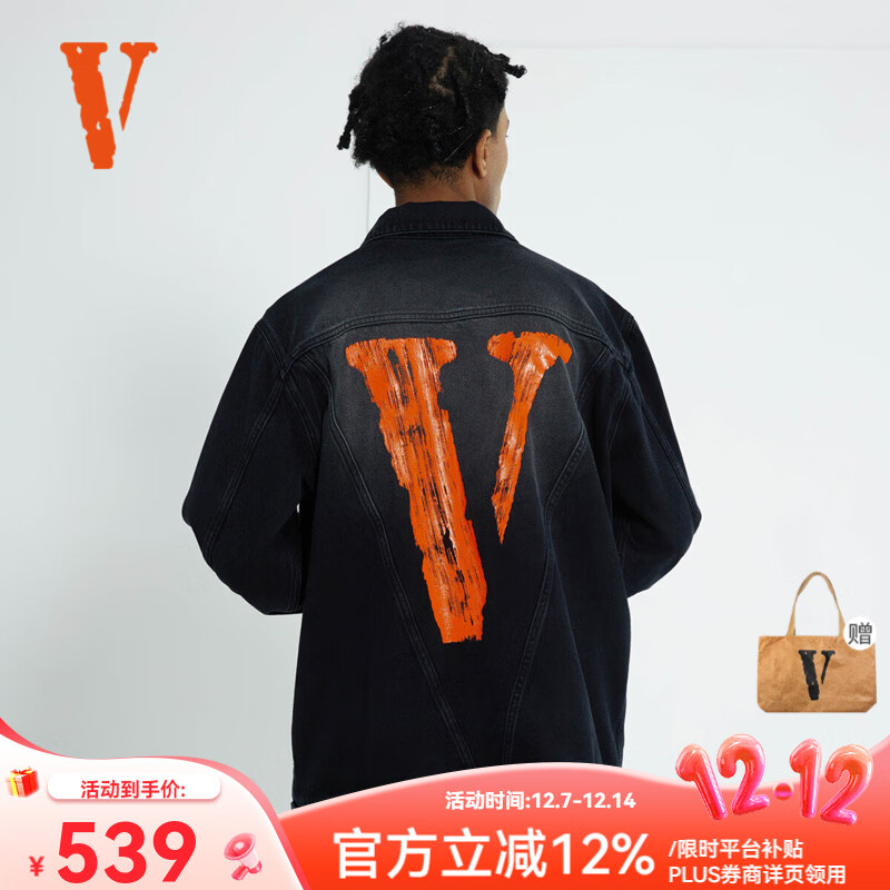 VLONE破坏大V字Logo印花刺绣渐变水洗做旧宽松牛仔外套男女同款夹克 VLJE23001黑橙 L